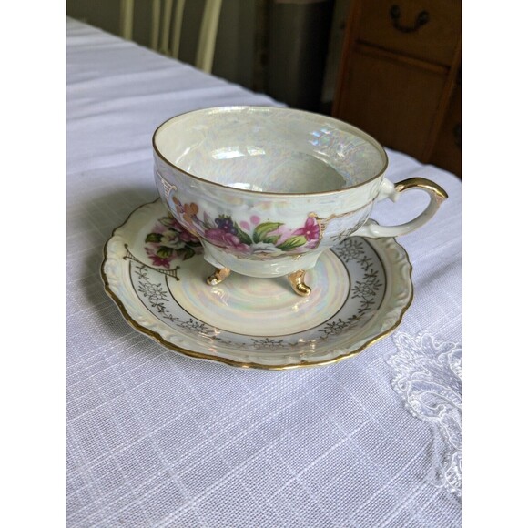 VTG Lusterware Iridescent 3 Footed D3041 Teacup & Saucer Floral Gold Trim Pink - Picture 5 of 16